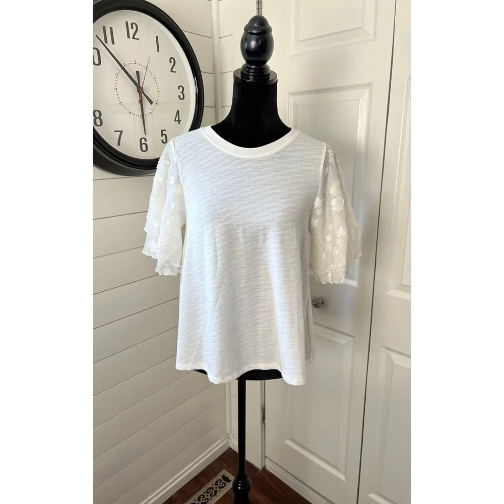 New Anthropologie Lace Ruffled Sleeve T-Shirt S - Picture 2 of 8